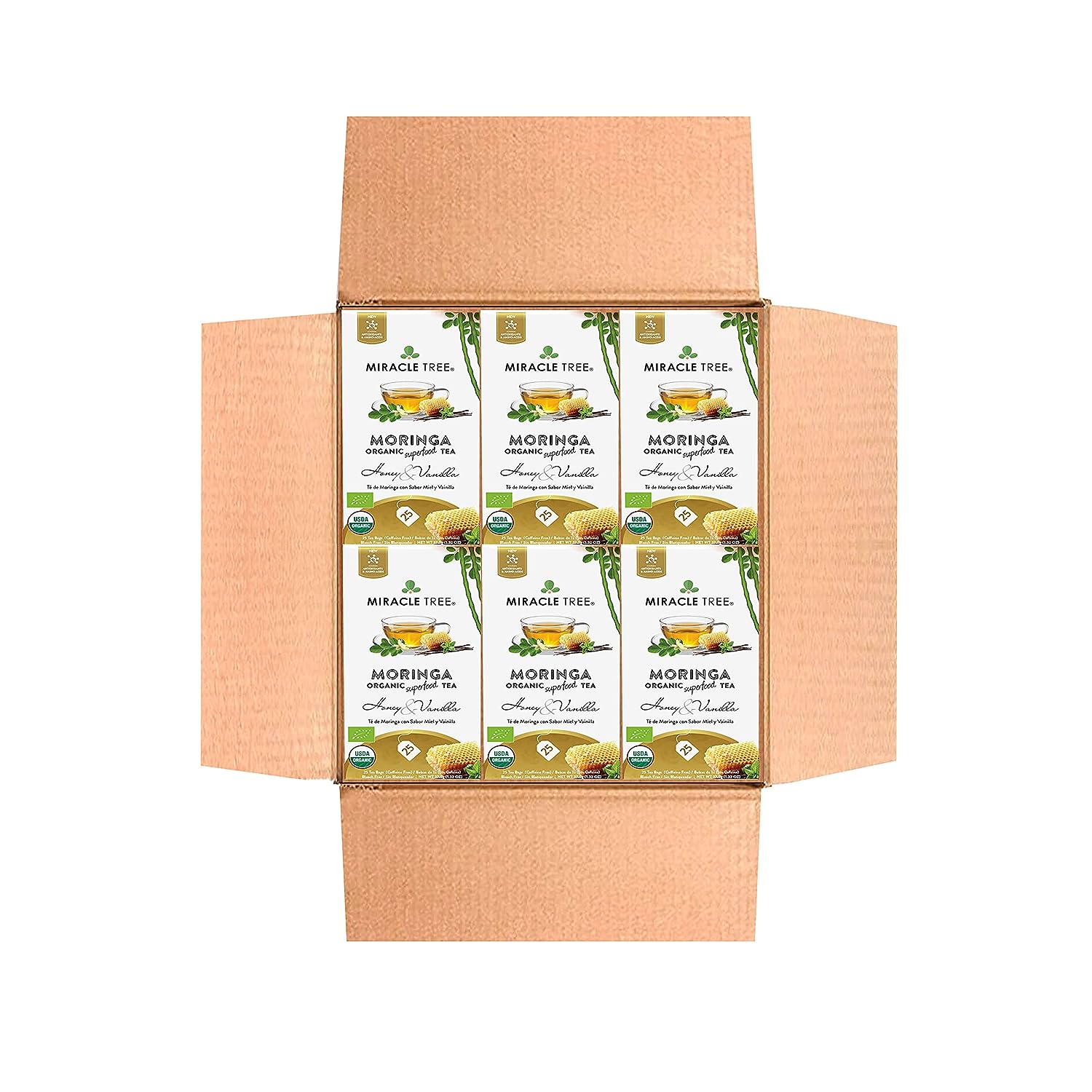 Miracle Tree - 6 Count of Organic Moringa Superfood Tea, 25 Individually Sealed Tea Bags, Honey & Vanilla (Keto, Detox, Energy/Immunity Booster, Vegan, Gluten-Free, Organic, Non-GMO, Caffeine-Free)