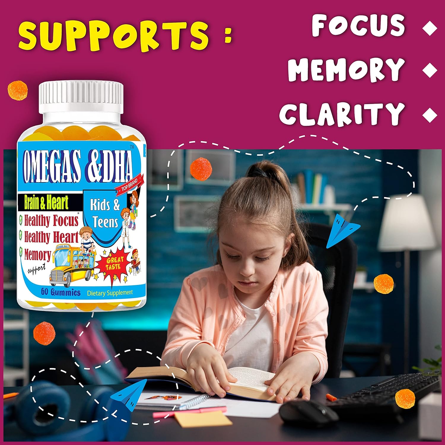  Kids Omega 3 Gummies for Kids & Teens with Omega 6 & 9 DHA 