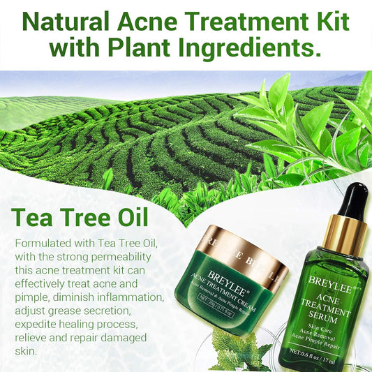 Acne Treatment, BREYLEE Tea Tree Oil 2 in 1 Acne Solution Kit Acne Treatment Kit Acne Control Kit Anti-Acne Solution for Clearing Severe Acne, Breakout, Pimple, and Repairing Skin