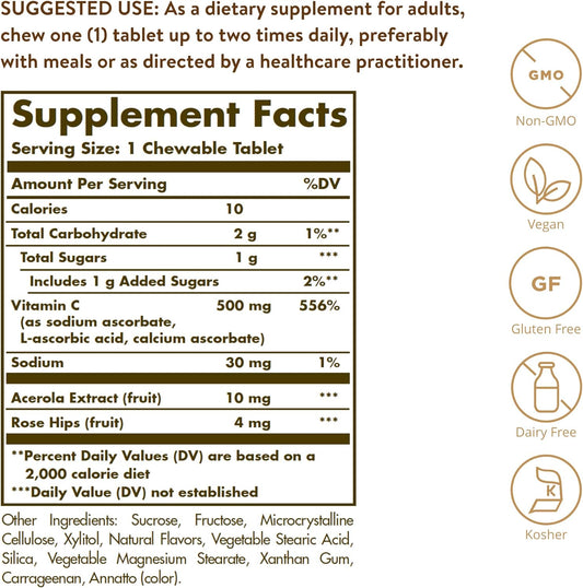 Solgar Vitamin C 500 mg Chewable Tablets, Orange avor - 90 Count - Antioxidant & Immune Support - Supports Healthy Skin & Joints - Non GMO, Vegan, Gluten Free, Kosher - 90 Servings