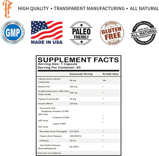 Physique Formula Digestive Enzymes Supplements With Betaine HCL Pepsin, Pancreatin 10X Amylase, Protease, Lipase, Ox Bil