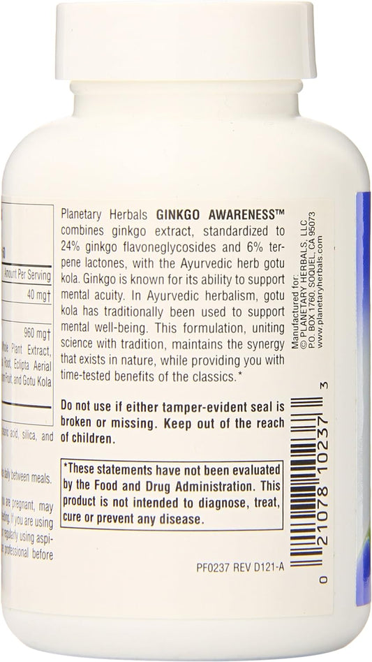 Planetary Herbals Ginkgo Awareness Tablets, 120 Count