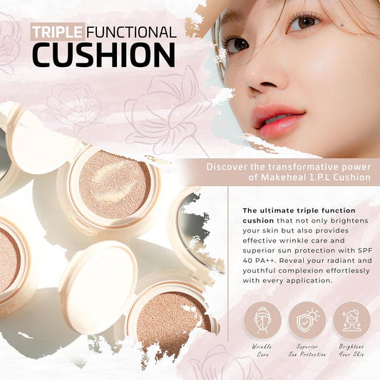 [Makeheal] 1.P.L Cushion with SPF 40 PA++, Conceal Blemishes and Reduce Redness, A Full and All-Day Wear Coverage with a Lightweight Formula & Semi Matte Finish, Korean Beauty & Skincare (23N - Reve Light)