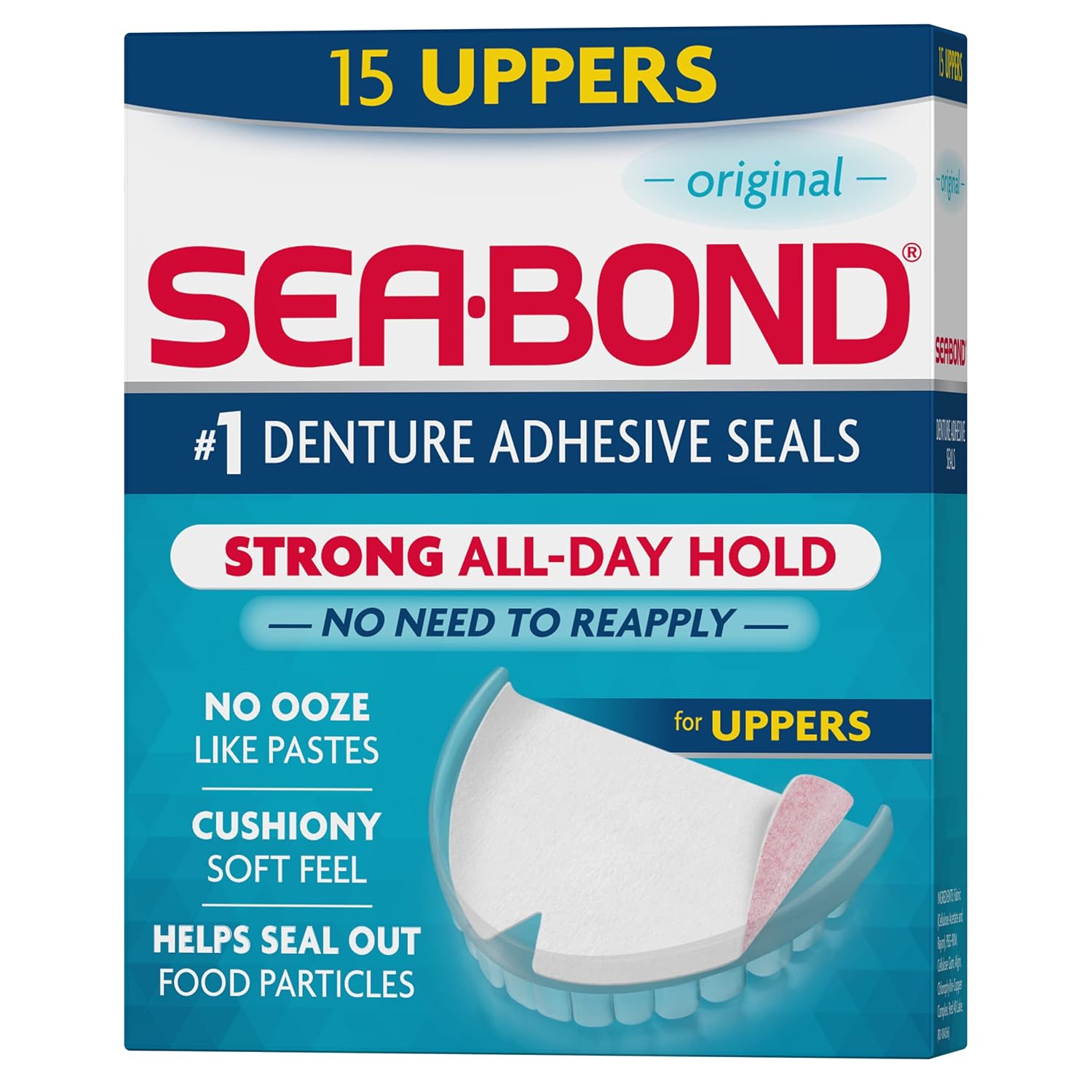 Sea Bond Secure Denture Adhesive Seals, Original Uppers, Zinc-Free, All-Day-Hold, Mess-Free, 15 Count (Pack of 1)