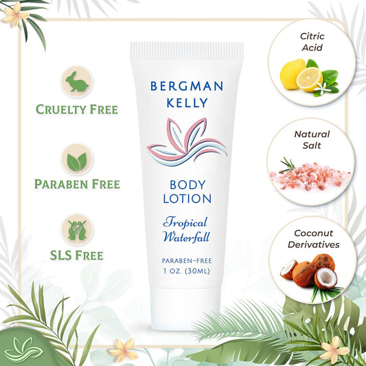 BERGMAN KELLY Hotel Toiletries Bundle (Tropical Waterfall, 1  each, 100 Pcs) 4-Piece Set: 25 Rectangular Bar Soap, 25 Shampoo, 25 Conditioner & 25 Body Lotion - Bulk Mini Guest Amenities Supply