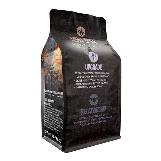 Ground Mushroom Infused Arabica Coffee by Defiant | Medium Roast, Fair Trade Gourmet Coffee with Lion's Mane, Cordyceps, & Chaga Musroom Powder | Endurance, Brain, & Immune Function, Bag