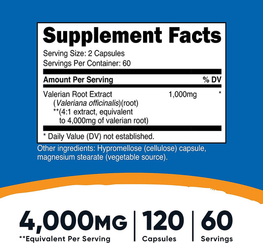 Nutricost Valerian Root Capsules (1000mg Per Serving) 120 Capsules - 4,000mg Equivalent Per Serving (4:1 Extract), Vegetarian Caps, Gluten Free, Non-GMO