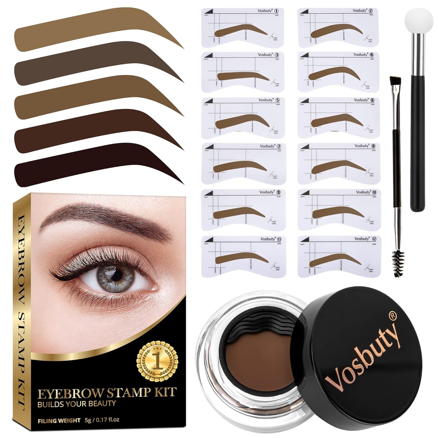 Eyebrow Stamp Stencil kit, Eyebrow Stamp for Perfect Brows, Brow Stamp Kit With 12 Classic Eyebrow Stencils, Eye Brow Stamping Kit, Long-Lasting Waterproof Smudge-Proof, Eyebrow Color Stamp Kit (Light Brown)