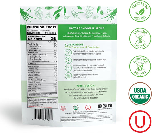 Organic Traditions Supergreens with Turmeric | Unflavored Organic Gree
