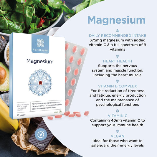 Healthspan Magnesium 375mg (90 Tablets) | Added Vitamin C & Vitamin B 0.37 Grams