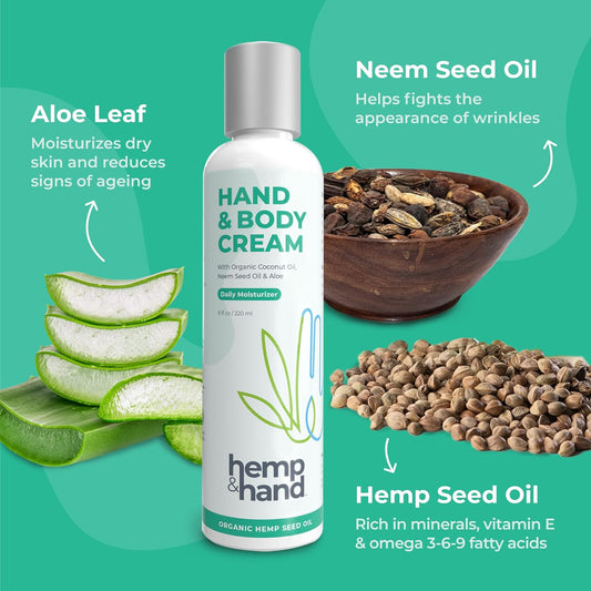 Hand and Body Cream with Organic Hemp Seed, Coconut and Neem Seed Oils with Aloe, Hydrating and Nourishing Daily Moisturizer - by Hemp and Hand