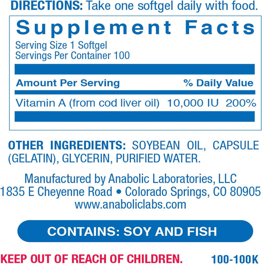 Anabolic Laboratories Vitamin A Supplement 10000 IU - 100 Softgels of