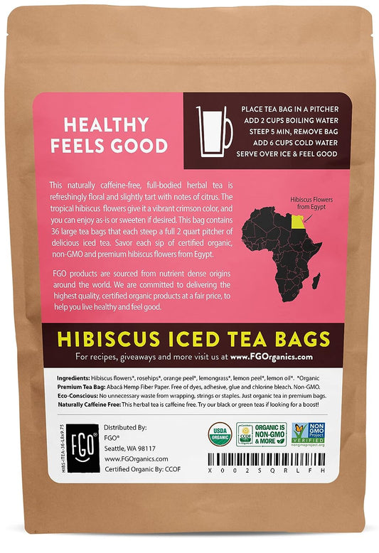 FGO Organic Hibiscus Iced Tea, Eco-Conscious Tea Bags, 36 Pitcher Bags (Pack of 1)