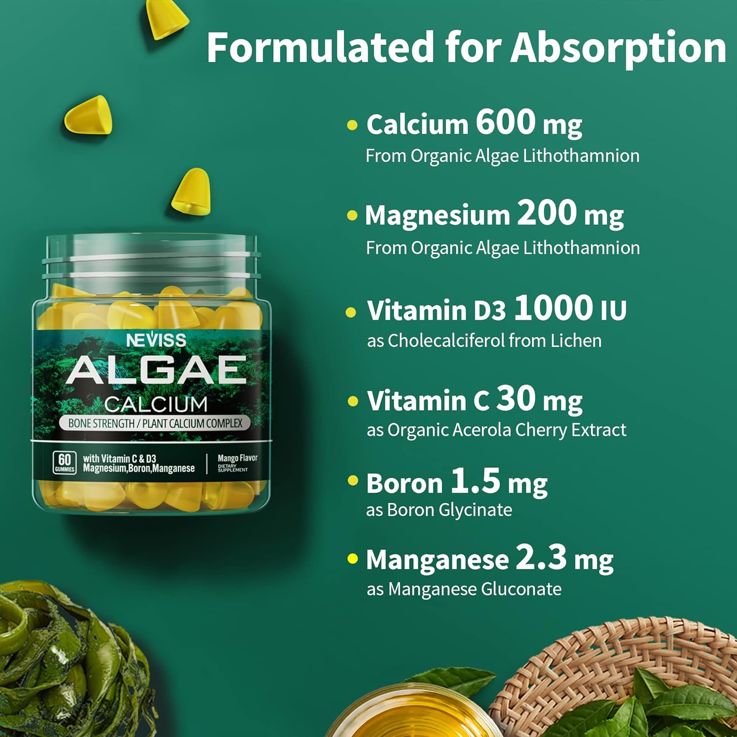  Calcium Gummies 600 mg, Vegan Sugar Free Algae Calcium Supp
