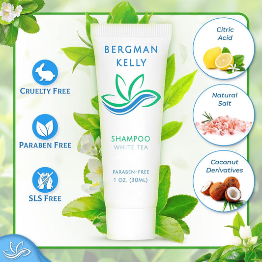 BERGMAN KELLY Travel Shampoo and Conditioner Set (1  , 100 Pieces, White Tea), Delight Your Guests with a Revitalizing and Refreshing Hotel Toiletries and Guest Hospitality in Bulk