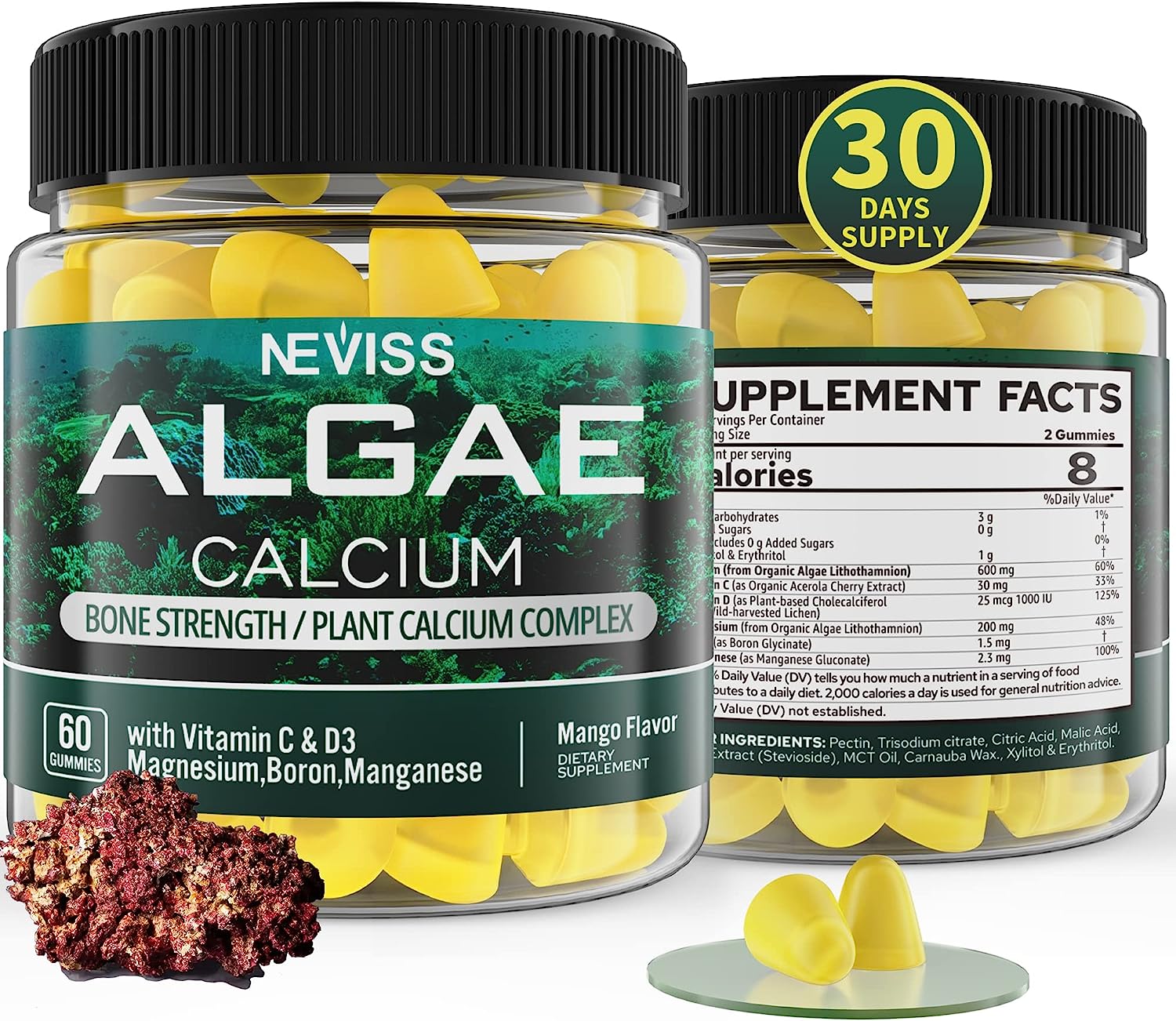 Calcium Gummies 600 mg, Vegan Sugar Free Algae Calcium Supplement with Vitamin D3, C, Magnesium, Boron, Manganese & Trac