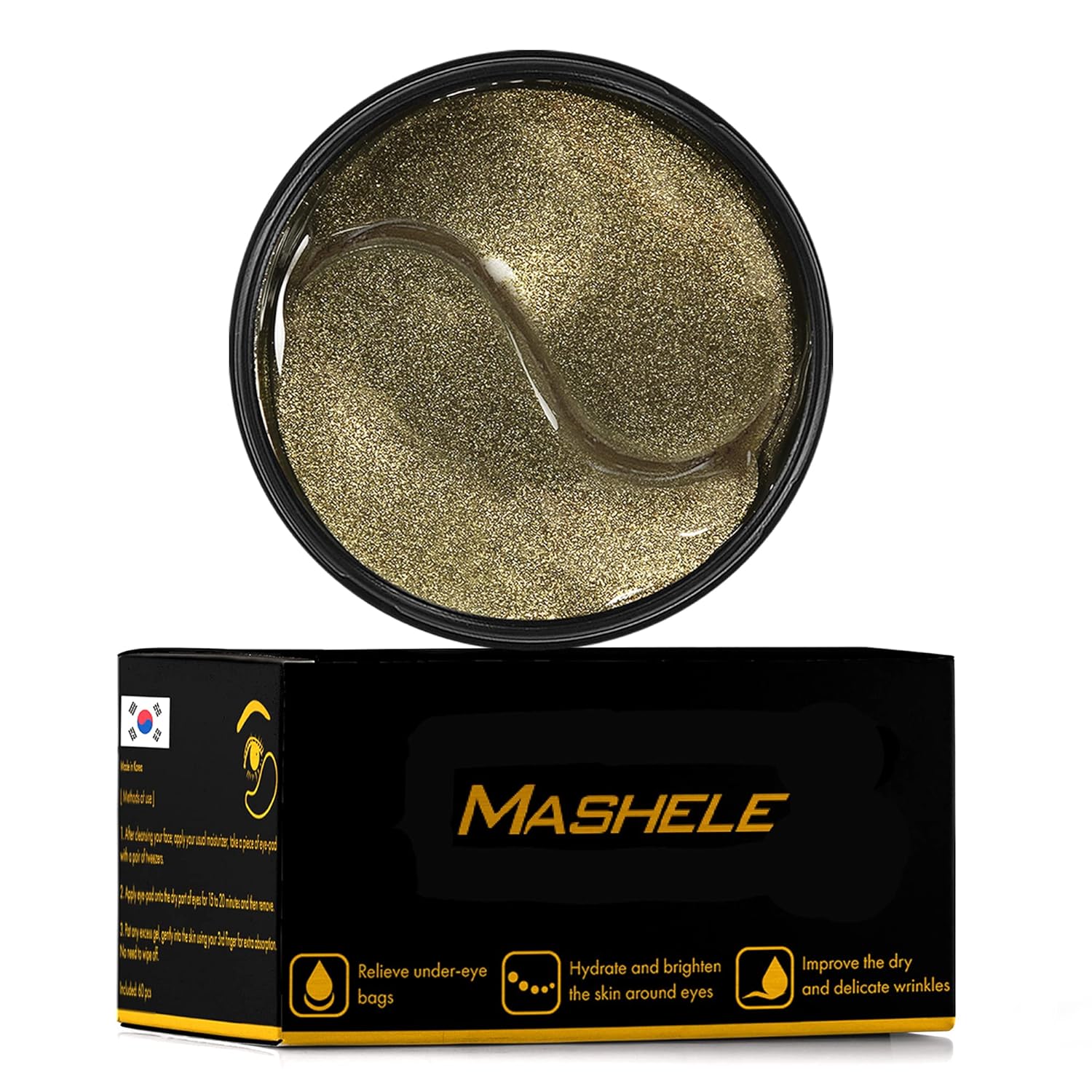 MASHELE Korean Under Eye Patches 24K Gold Black Pearl Mask Anti-Aging Hyaluronic Acid Collagen Neck Forehead Laugh Line Pad Reducing Dark Circles Treatment (60pcs, gold patches 60pcs)