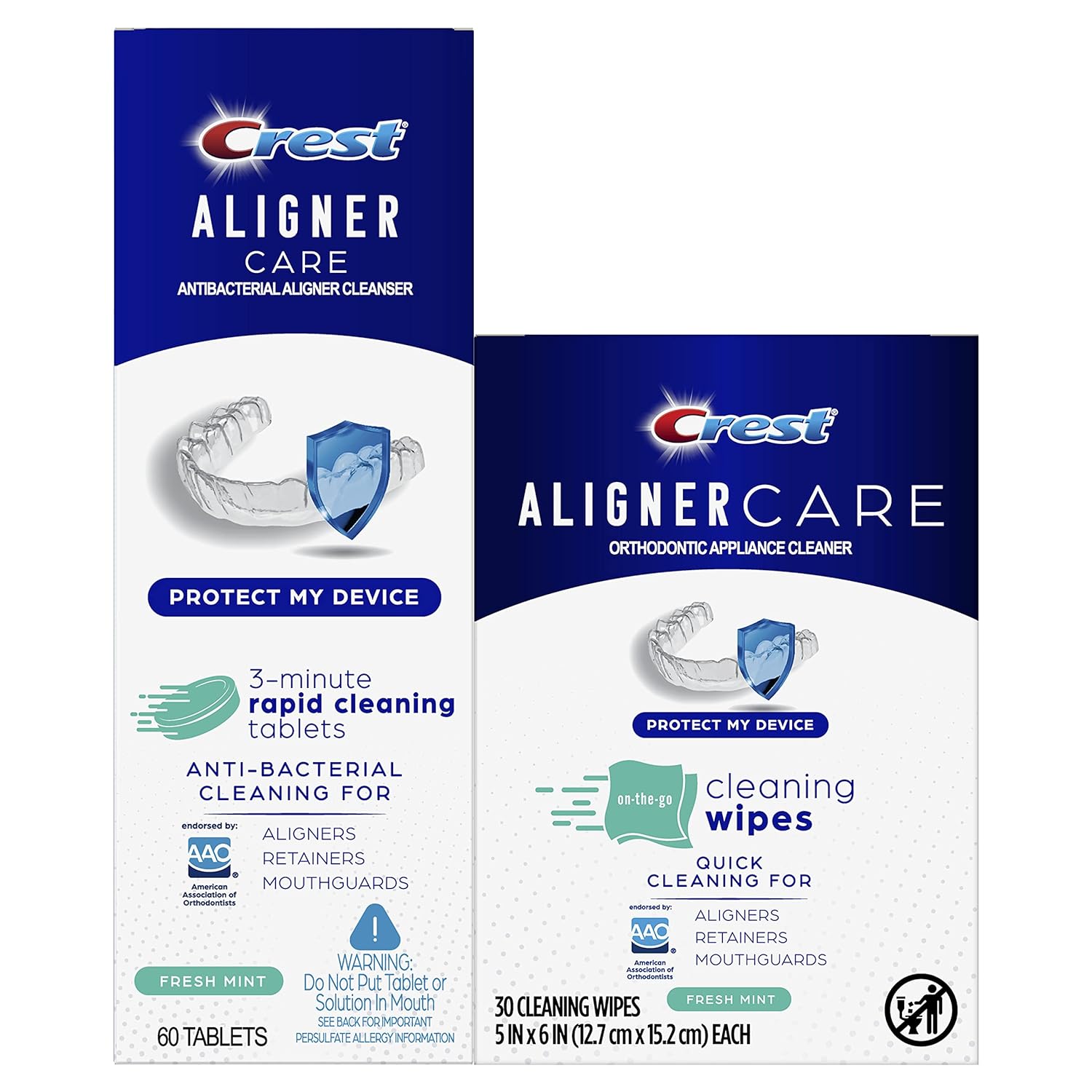 Crest Aligner Care Rapid Cleaning Tablets 60-Count & On-The-Go Cleaning Wipes 30-Count for Aligners, Retainers, Mouthguards