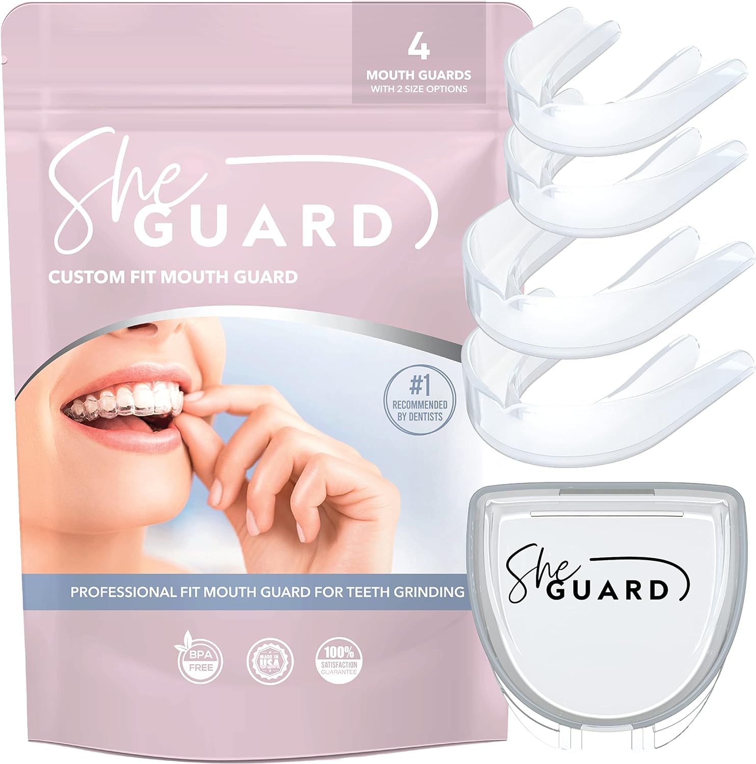 Mouth Guard - Pack of 4 Moldable Mouth Guards (Clear) for Clenching Teeth at Night, Grinding, and Bruxism - 2 Sizes Includes Ventilated Storage Case