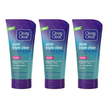 Clean & Clear Acne Triple Clear Exfoliating Facial Scrub with 2% Salicylic Acid Acne Medicine, Aloe & Mint for Acne-Prone Skin, Soothing Oil-Free & Non-Comedogenic Acne Face Scrub, 5  (Pack of 3)