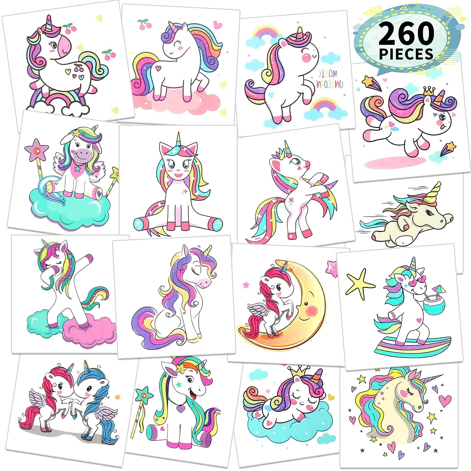 Metker Unicorn, Mermaid (260 PCS) kids waterproof temporary tattoos,children's temporary tattoo toys.Girl face tattoo stickers,Goody Bag Stuffers Party Bag Fillers