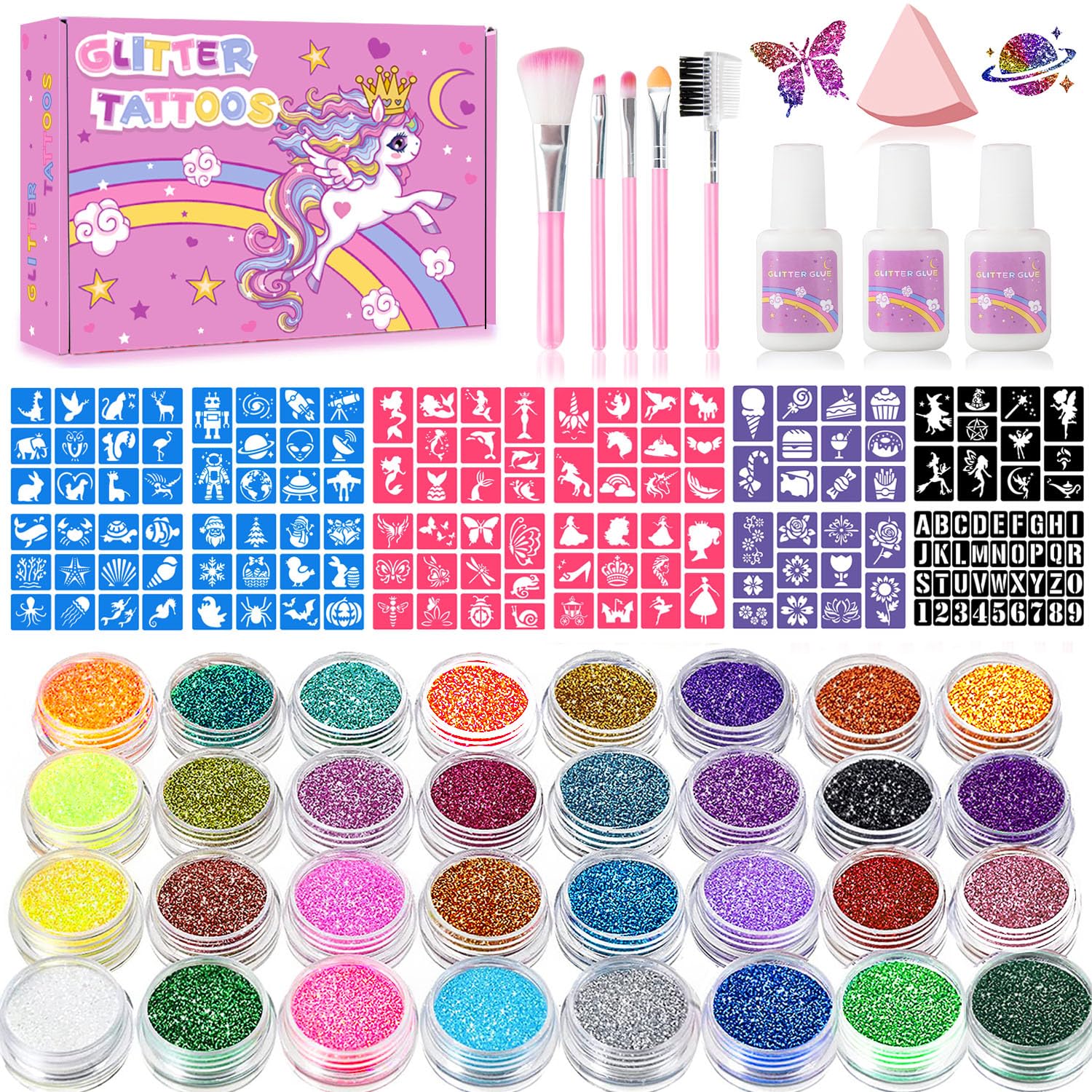 Temporary Glitter Tattoos Kit for Kids,32 Glitter Colors,165 Stencils,3 Glue,5 Brushes,1 Powder Puff,Adults & Kids Arts Glitter Make Up Kit,Holiday Gifts for Girls & Boys