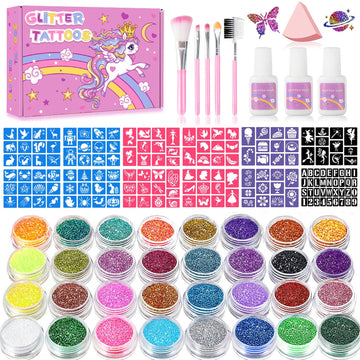 Temporary Glitter Tattoos Kit for Kids,32 Glitter Colors,165 Stencils,3 Glue,5 Brushes,1 Powder Puff,Adults & Kids Arts Glitter Make Up Kit,Holiday Gifts for Girls & Boys