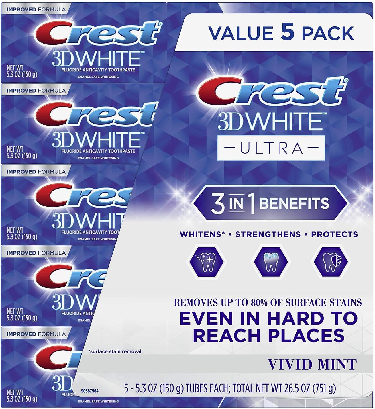 Crest 3D White Ultra Whitening Toothpaste, Vivid Mint, (5.3 , 5 Pack)