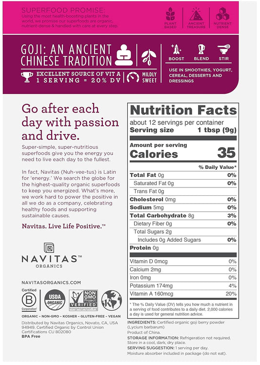 Navitas Organics Bag, 12 Servings — Organic, Non-GMO, Sun-Dried, Sulfite-Free, Goji Powder, 4 Ounce (Pack of 1)