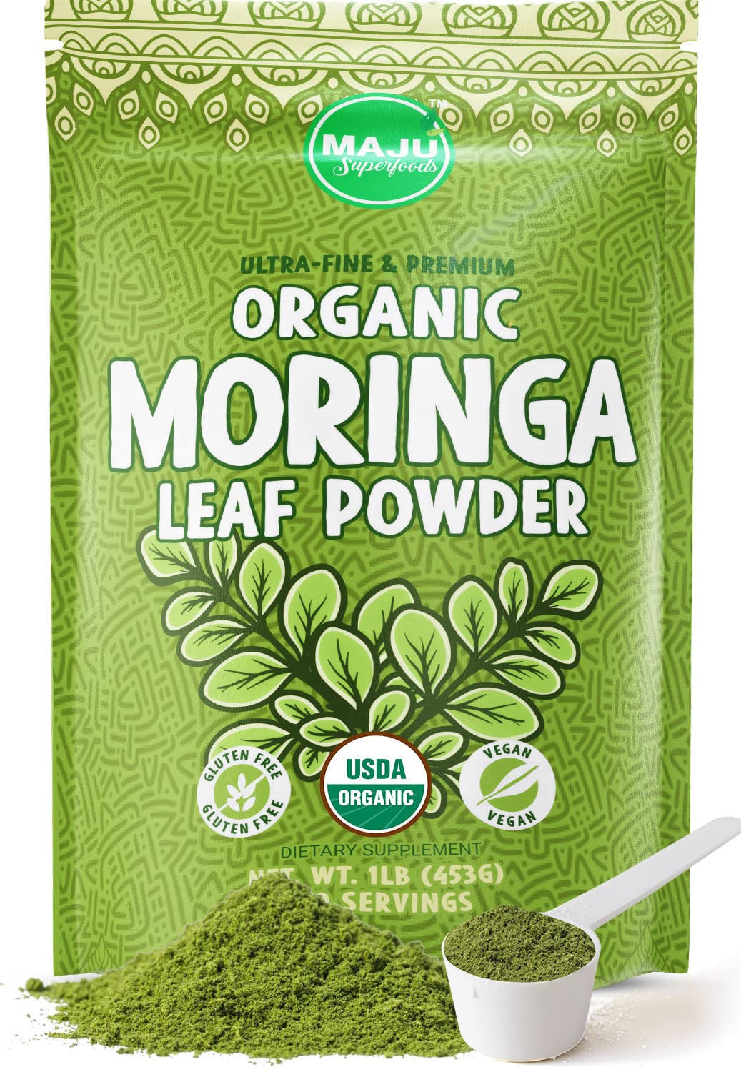 MAJU's Organic Moringa Powder, Oleifera Leaf, Extra-Fine Quality, Dried Drumstick Tree Leaves, For Tea, Smoothies, Food-Grade