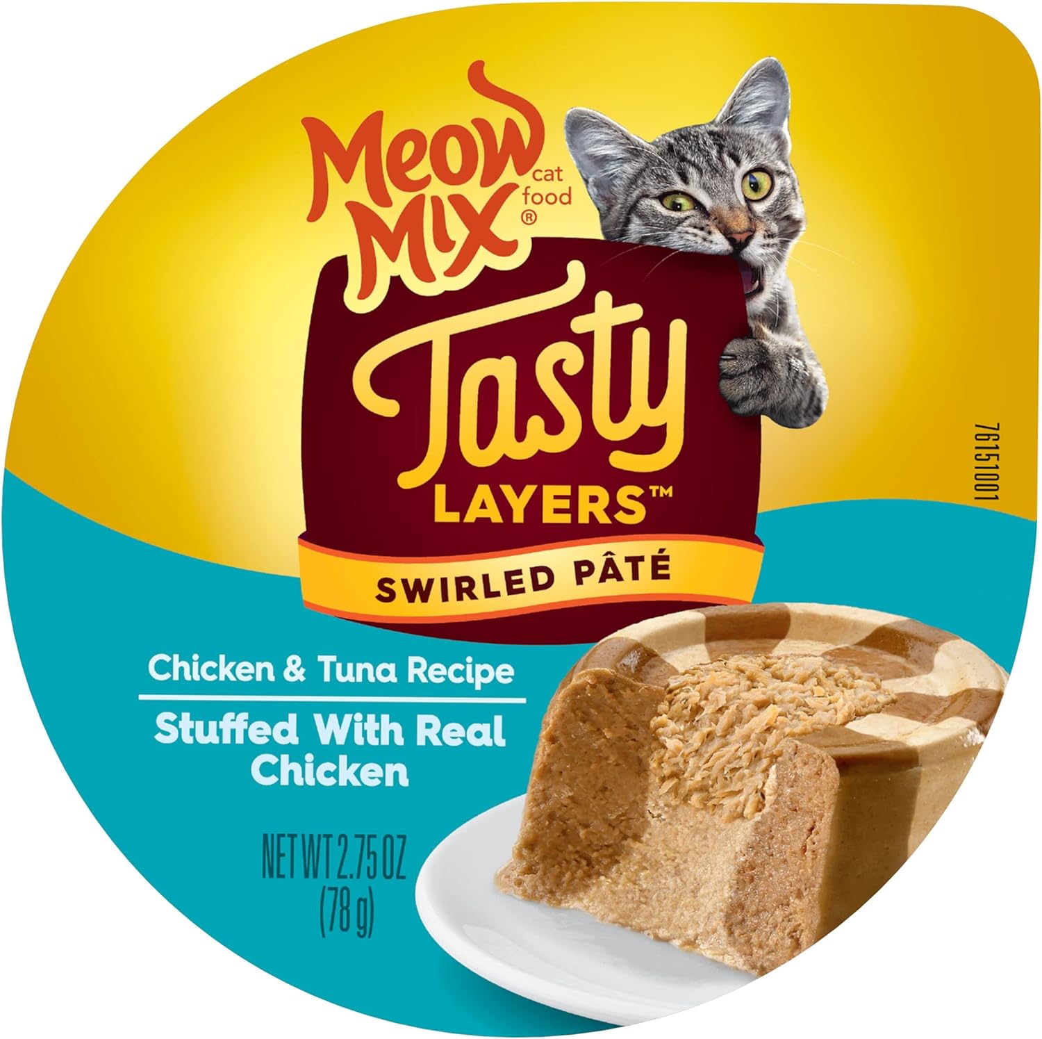 Meow Mix Tasty Layers Swirled Paté Cat Food, Chicken & Tuna Recipe In Sauce Stuffed With Real Chicken, 2.75 Oz. Cup, 12C