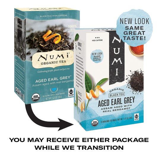 Numi Organic Tea Aged Earl Grey, 18 Count Box of Tea Bags, Black Tea (Packaging May Vary)