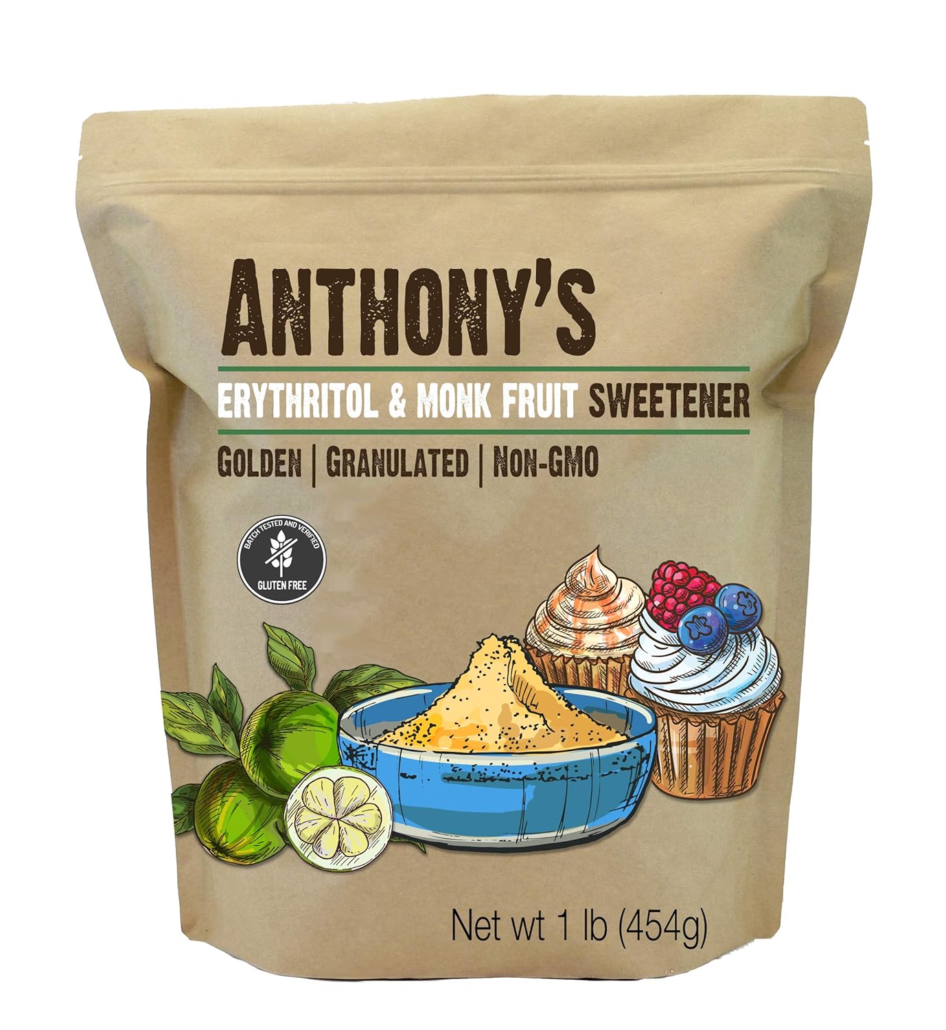 Anthony's Erythritol and Monk Fruit Sweetener Golden, 1 lb, Granulated, 1 to 1 Brown Sugar Substitute, Non GMO, Keto Fri