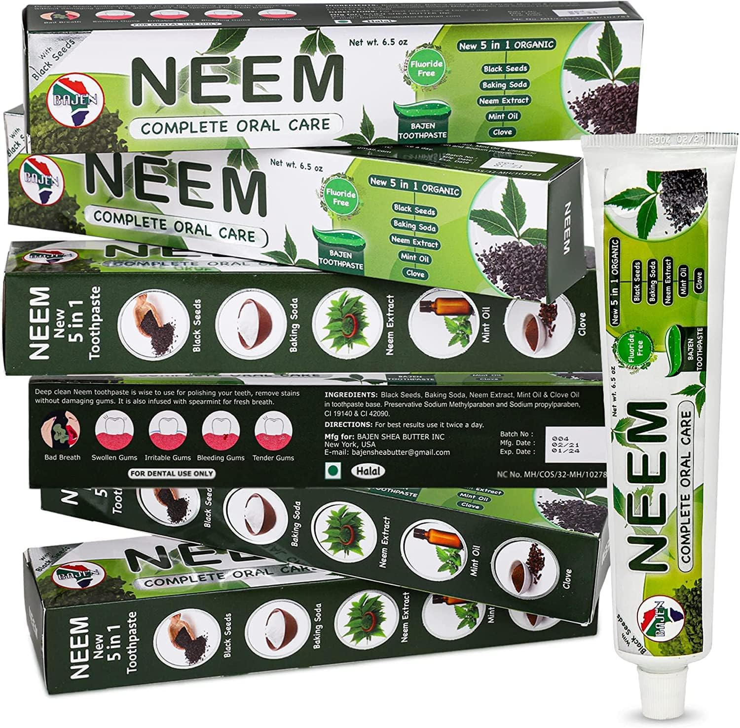 Pack of 6 - Organic Neem 10 in 1 uoride Free Toothpaste - Neem, Clove, Black Seed, Cardamon, Aloe Vera, Tea Tree Oil, Miswak, Clove - Herbal Blend - 7.05