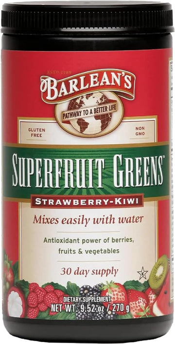 Barlean's Strawberry Kiwi Superfruit Greens Powder, Daily Fruits & Veggies Superfood Supplement, Green Antioxidant Blend & Fiber Super Power Smoothie Mix, 9.5