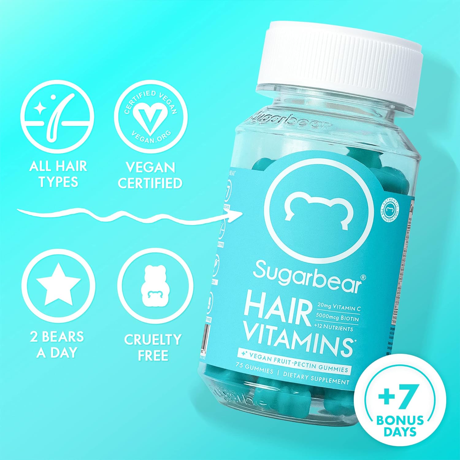 Sugarbear Hair Vegan Vitamin Gummies for Luscious Hair with Biotin, Vi