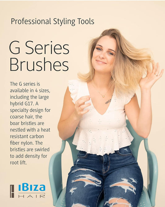 Ibiza Hair Professional (G Series) Round Boar Hair Brush, Hybrid Swirled Boar & Carbon Fiber Nylon Bristles with Cork Handle, Add Texture & Shine for Medium to Long Hair