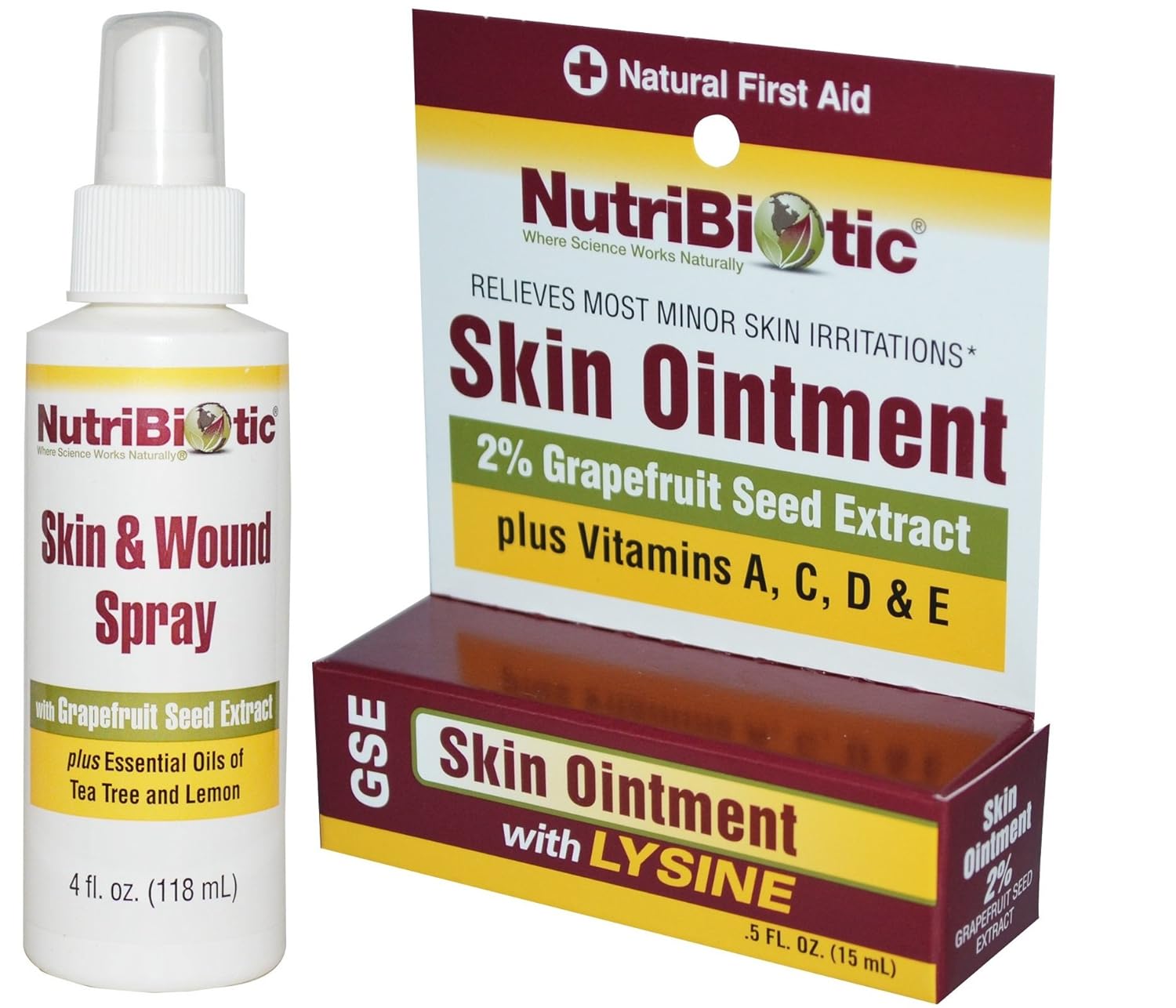 NutriBiotic Skin & Wound Spray and Skin Ointment Bundle with Lemon Peel, Tea Tree Leaf, Vitamin C and Grapefruit Extract, 4 . . and 0.