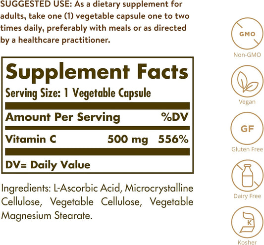 Solgar Vitamin C 500 mg, 250 Vegetable Capsules - Antioxidant & Immune