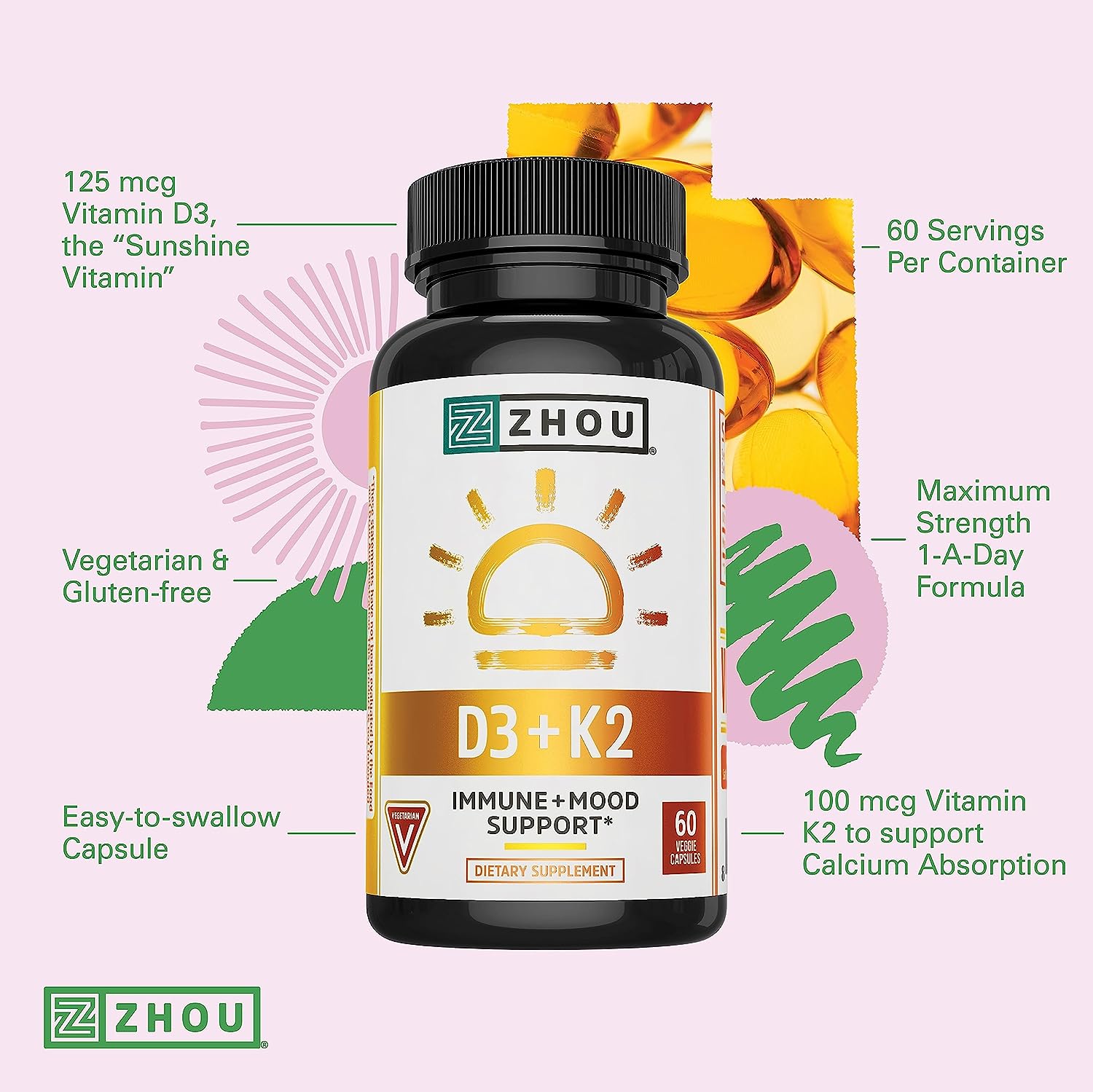 Zhou Nutrition Vitamin D3 K2, Bone and Heart Health Formula 5000 IU Vi