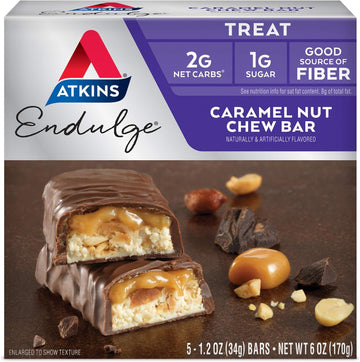 Atkins Endulge Caramel Nut Chew Bar, Dessert Favorite, 1g Sugar, Good Source of Fiber, 5 Count