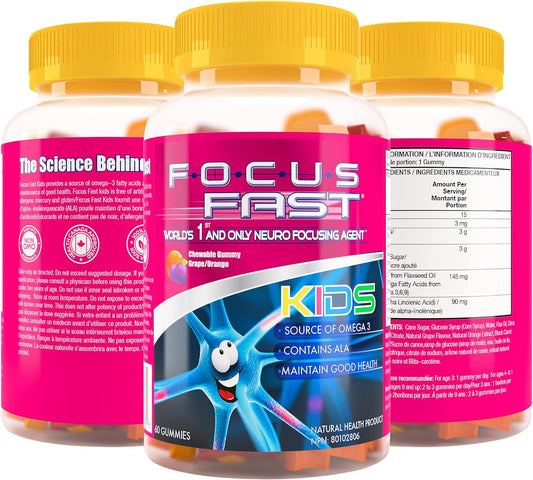 Focus Fast Kids Omega 3 Gummies. Support Brain Function & Cognition. Non GMO, Vegan, Plant Based derived from Flax Oil &