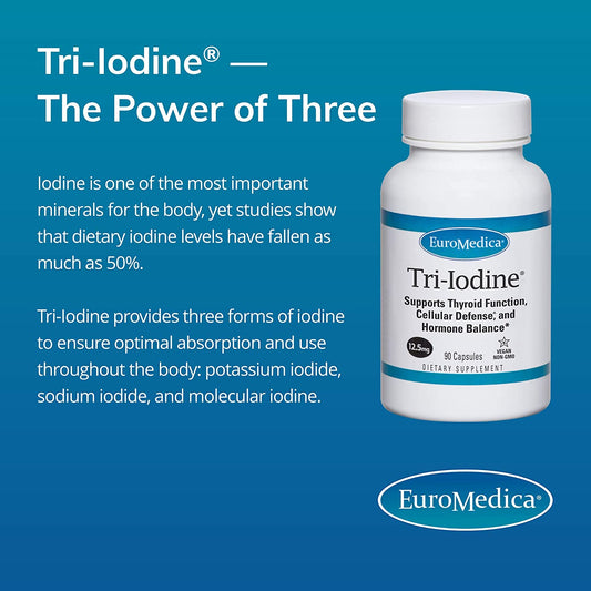 EuroMedica Tri-Iodine - 12.5mg, 90 Capsules - Potassium Iodide, Sodium Iodide & Molecular Iodine - Three Beneficial Forms of Iodine - Supports Healthy Thyroid & Immune Function