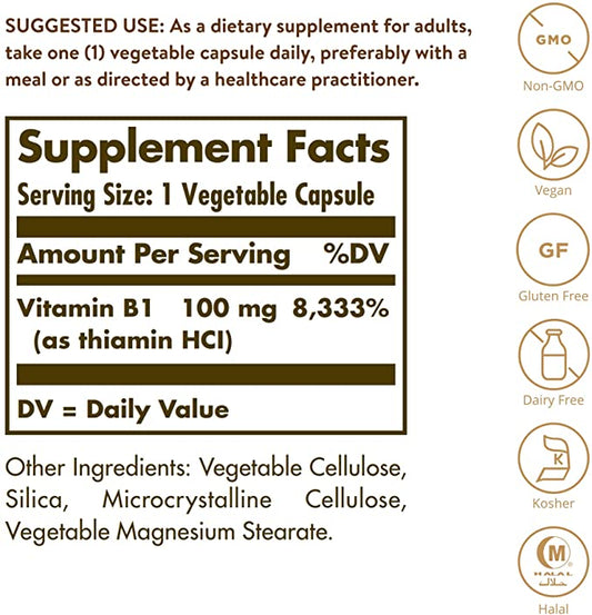 Solgar Vitamin B1 (Thiamin) 100 mg, 100 Vegetable Capsules - Energy Metabolism, Healthy Nervous System, Overall Well-Being - Non-GMO, Vegan, Gluten Free, Dairy Free - 100 Servings