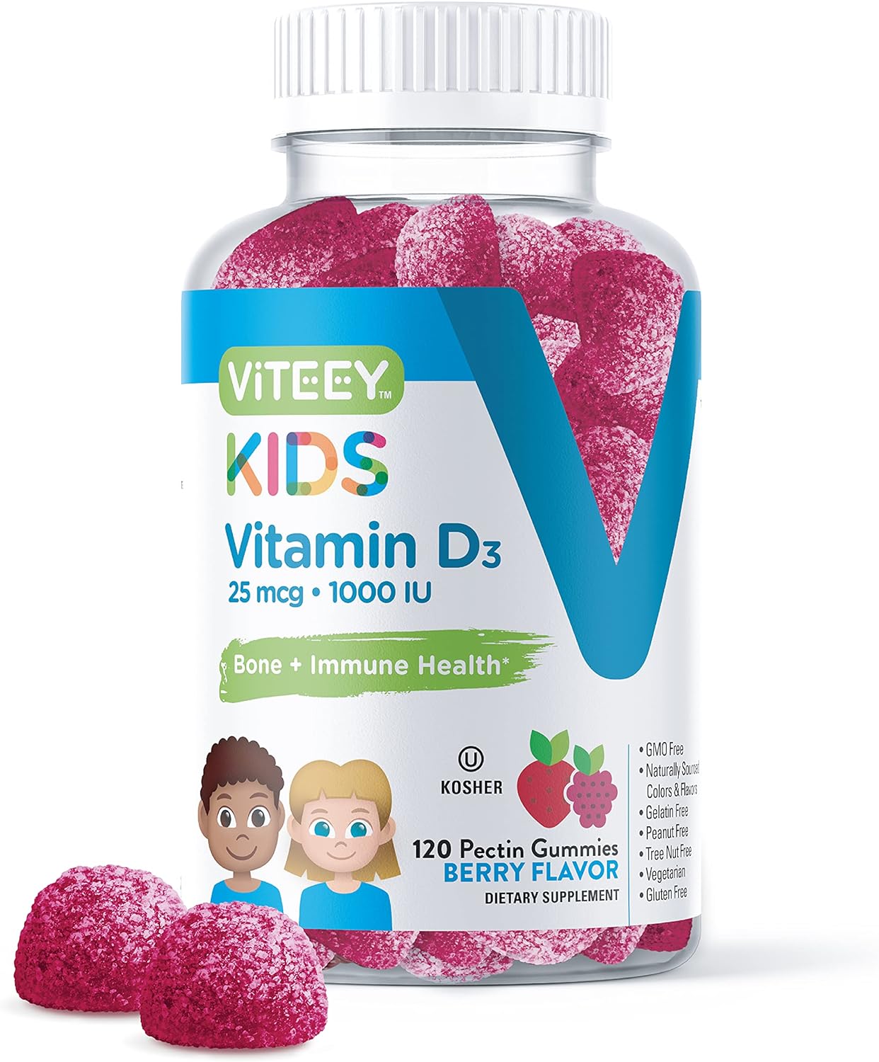[120 Count] Vitamin D3 Gummies 25mcg 1000 IU Formulated for Kids - Bone Health, Immune Health, Joint Muscle Support - Di