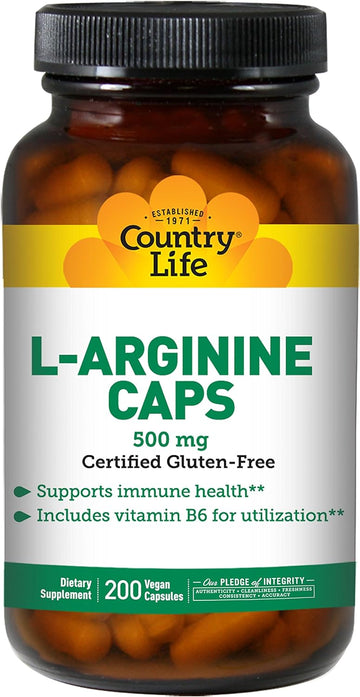 Country Life L-Arginine Caps with Vitamin B-6, 500mg, 200 Vegan Capsul