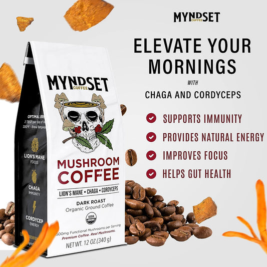 Mushroom Coffee - Organic Dark Roast Coffee with Lions Mane Mushroom, Chaga, Cordyceps - Helps Fuel Focus, Energy & Creativity with Adaptogen Mushrooms - Ground Beans