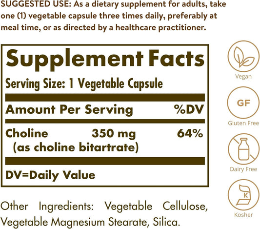 Solgar Choline 350 mg, 100 Vegetable Capsules - Supports Healthy Brain8.96 Ounces