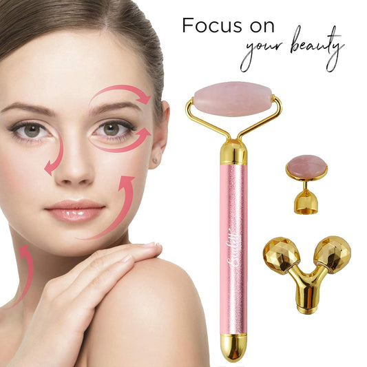 Face Roller Massager Jade Set, Under-Eyes Press Facial Tool for Woman, Rose Quartz Electric Vibrating Body Contour Beauty Kit (Pink)