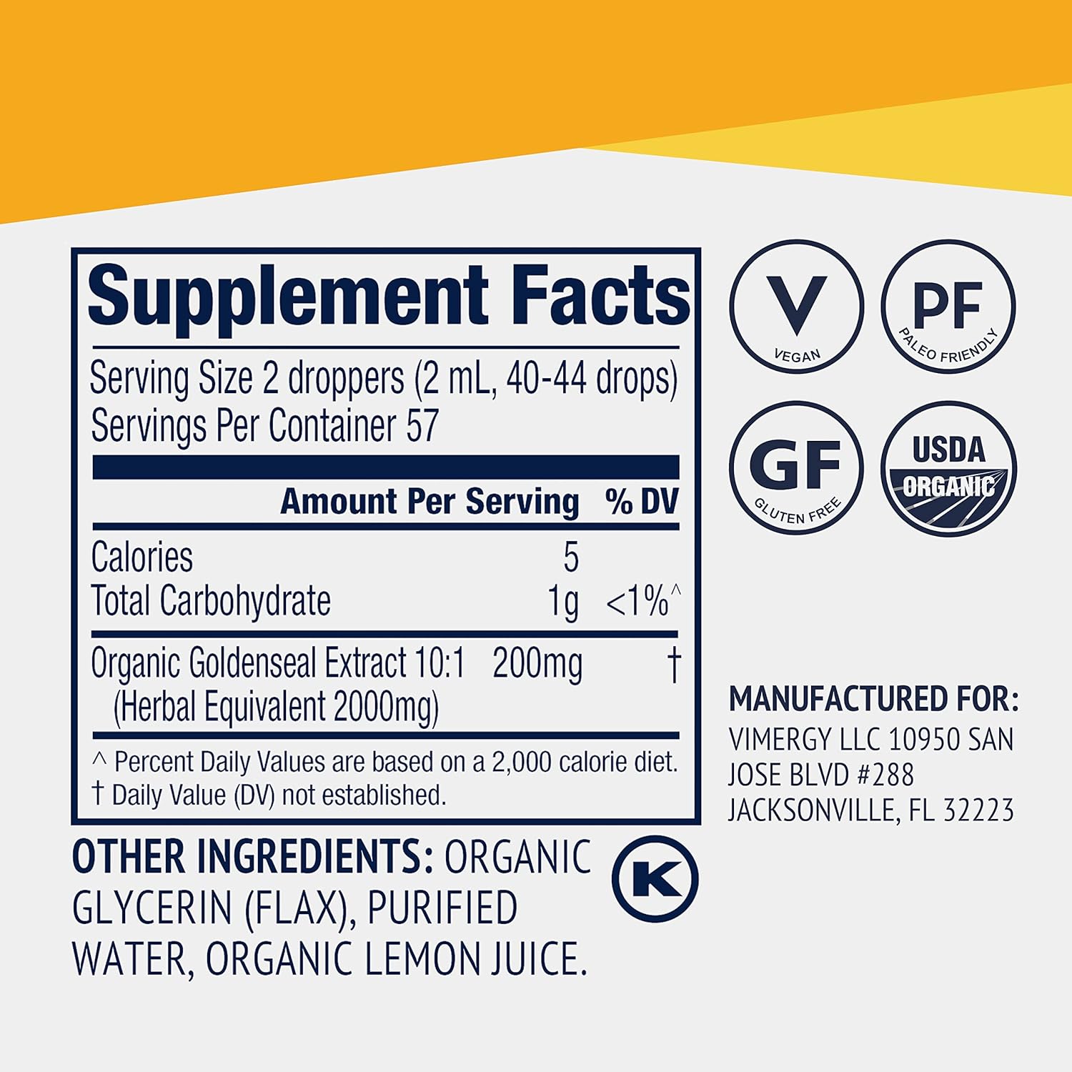 Vimergy USDA Organic Goldenseal Extract, 57 Servings – Alcohol-Free Go